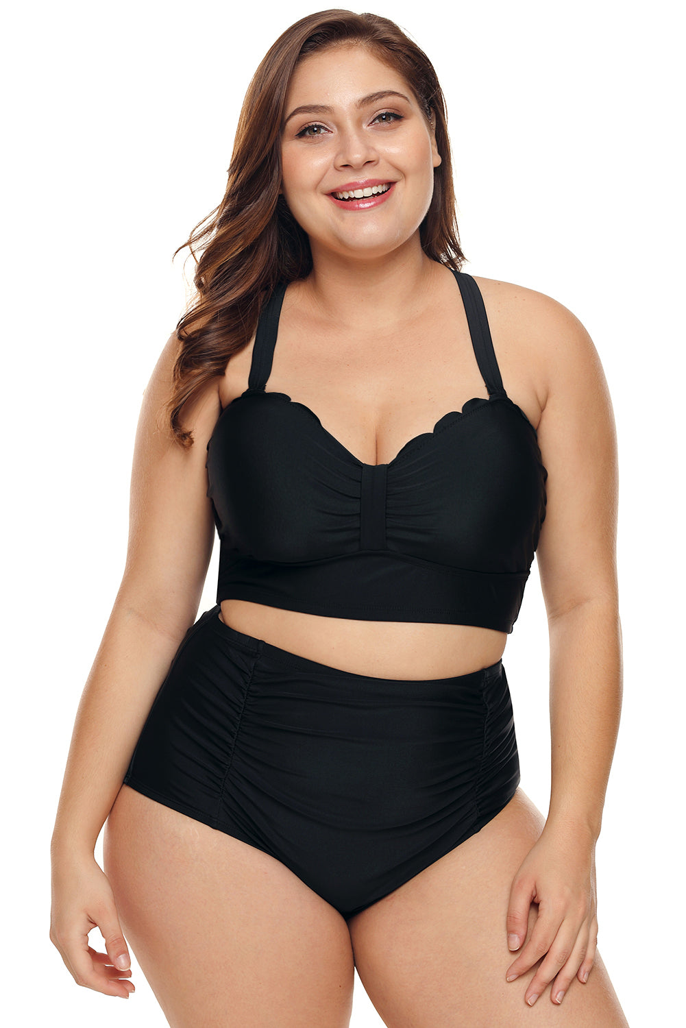 Traje de baño bikini de talle alto con detalle festoneado en negro de talla grande