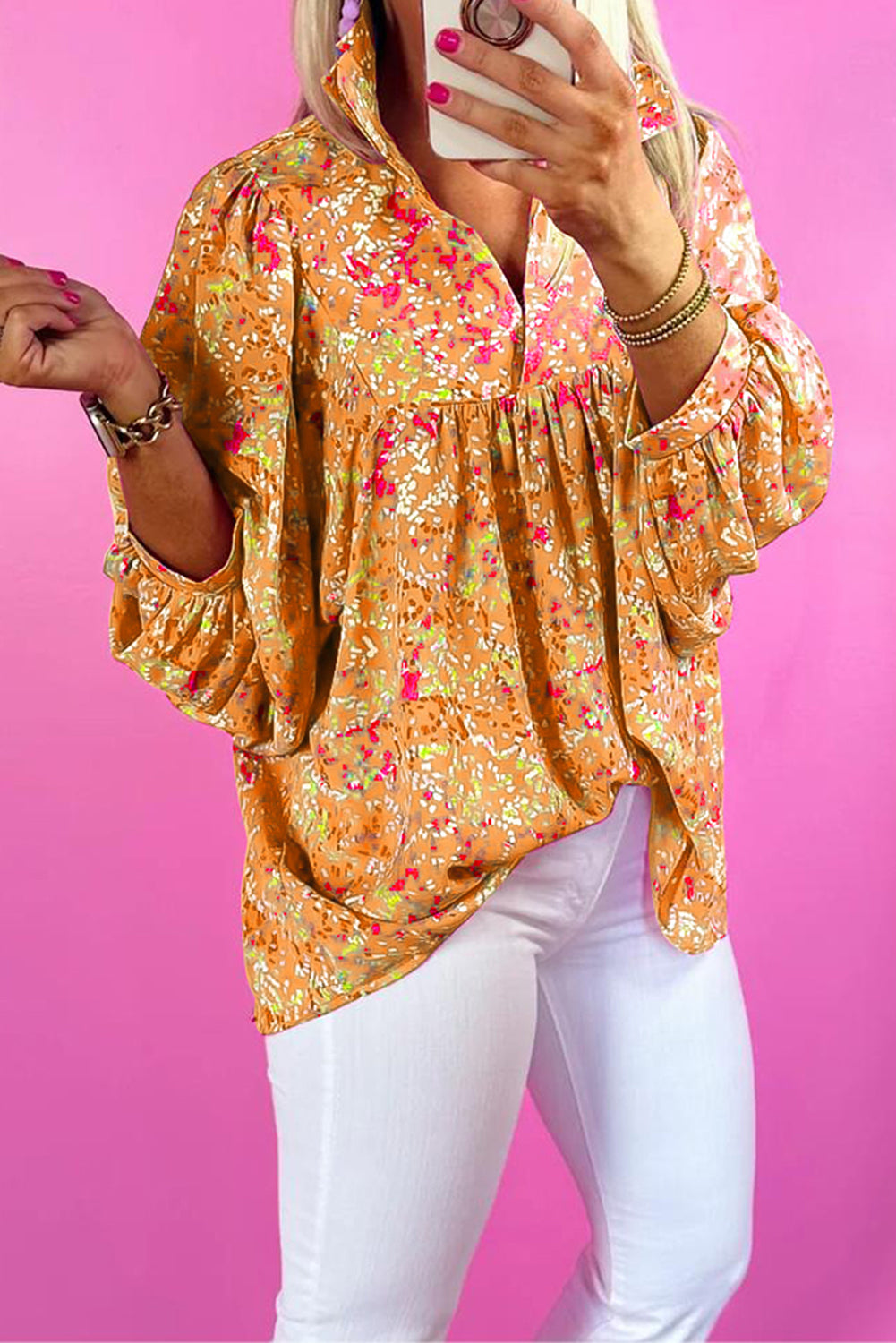 Bonbon Abstract Print Loose Fit Collared V Neck Babydoll Blouse