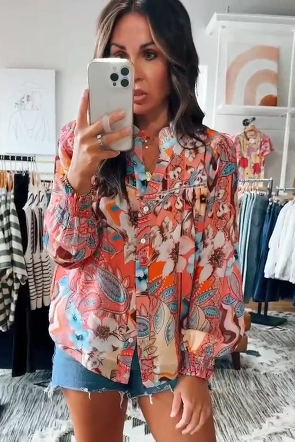 Orange Floral Print Shirred Cuff Buttoned Loose Fit Shirt