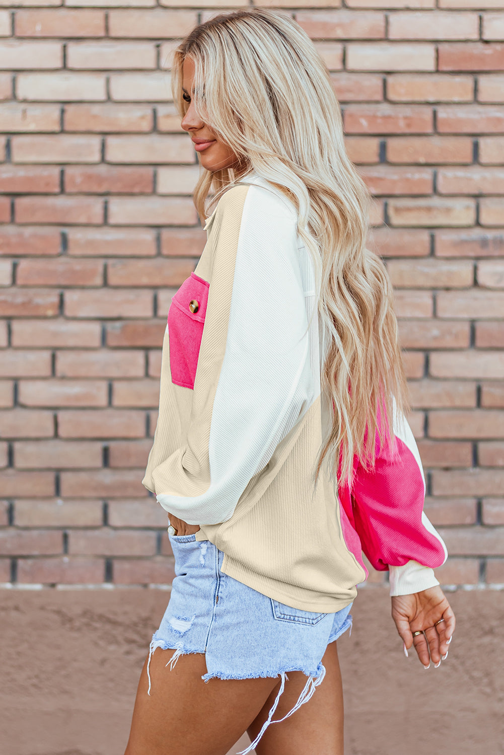 Gray Colorblock Ribbed Collared Oversized Sweatshirt