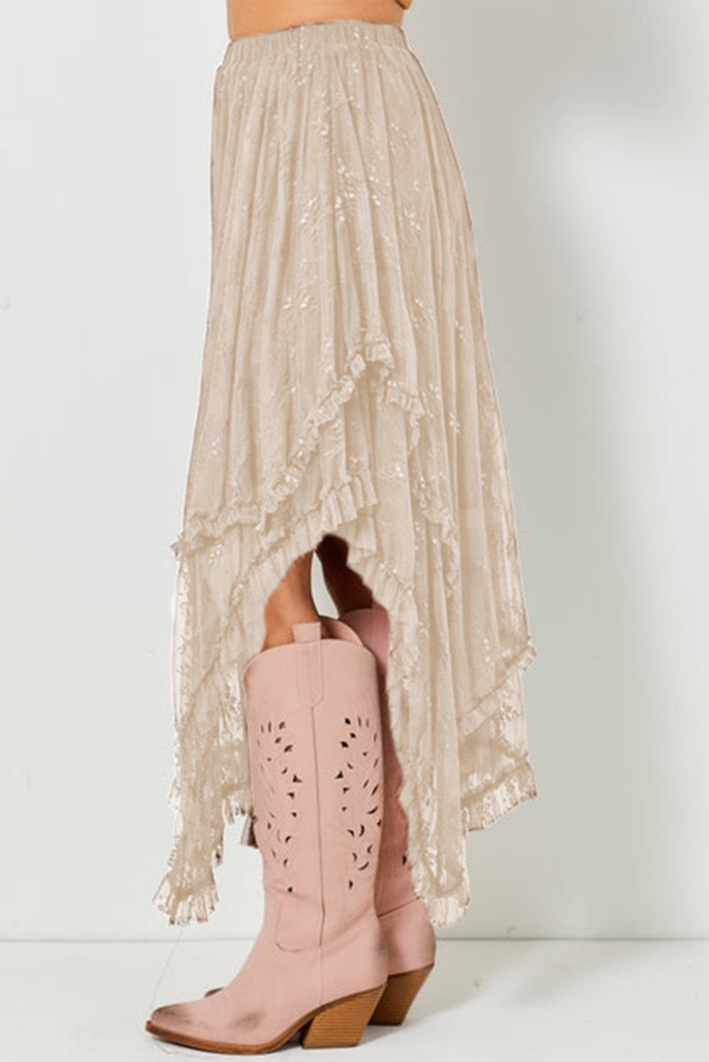 Beige Lace Cascading Tiered High Waist Maxi Skirt
