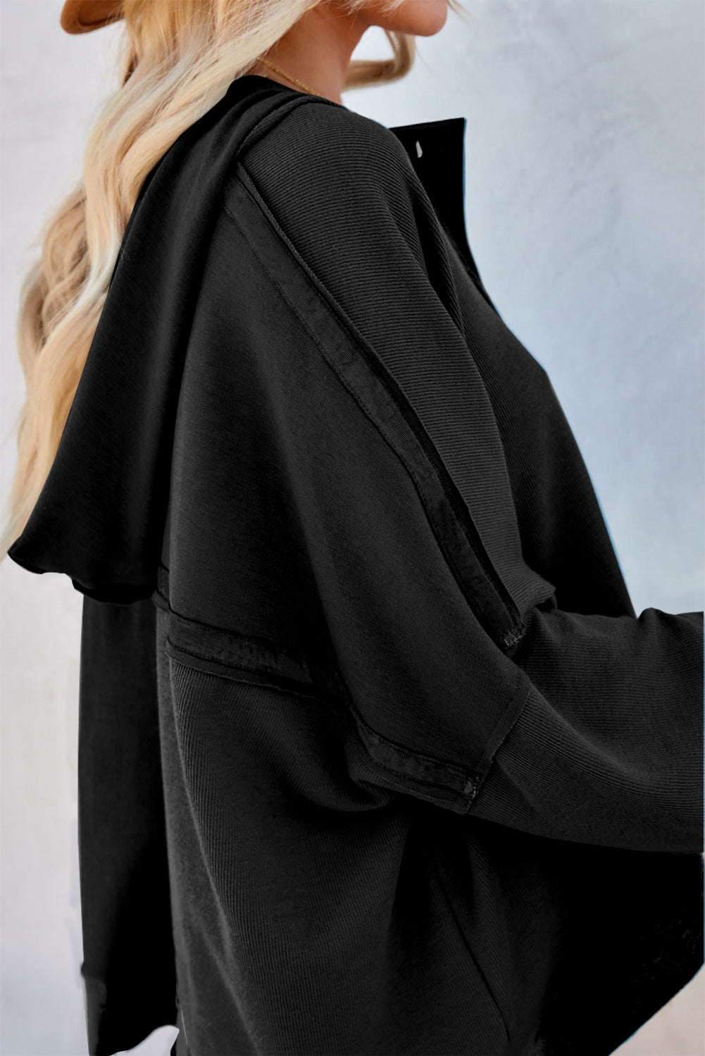 Black Solid Color Button Front Basic Pullover Hoodie