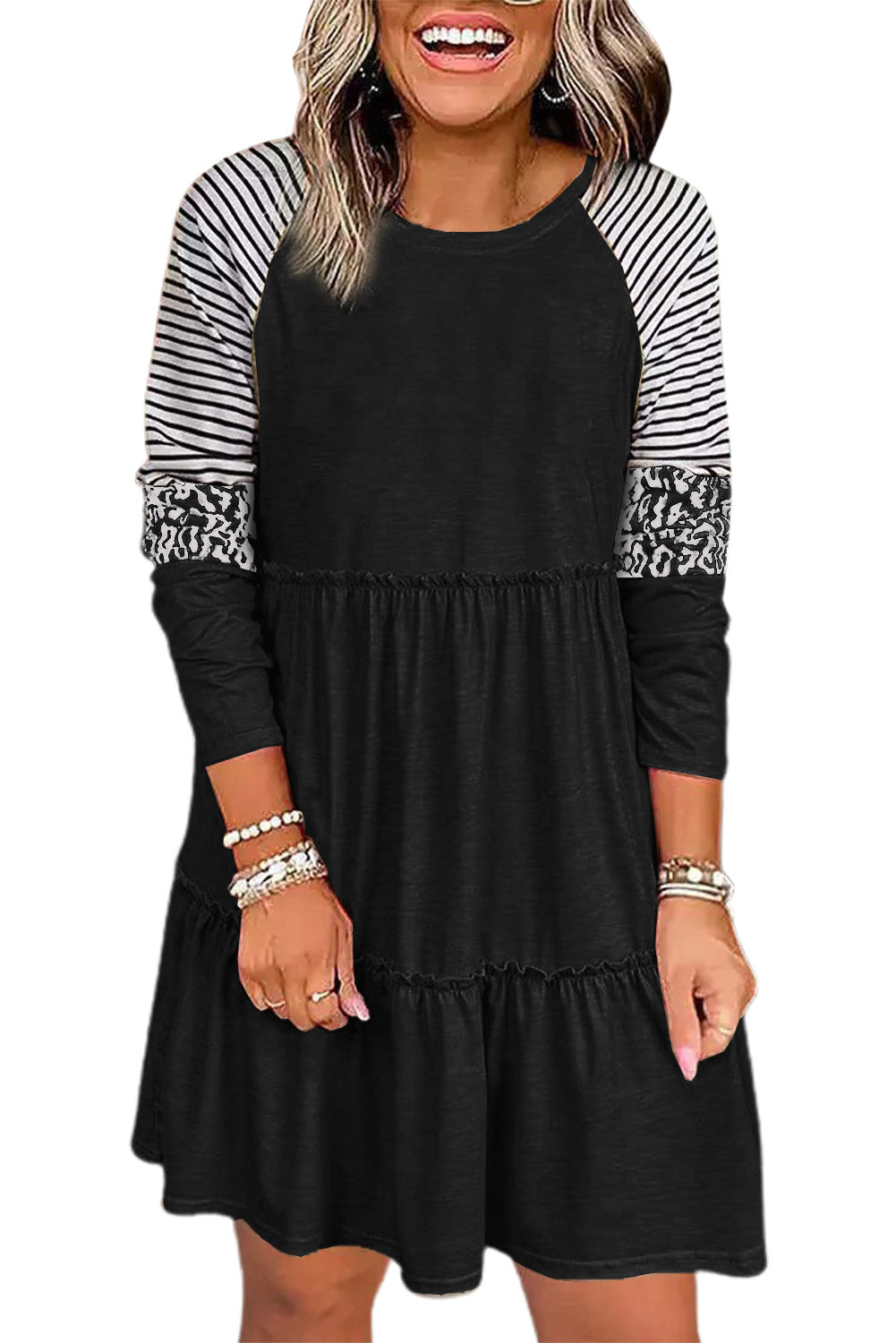 Black Striped Leopard Patchwork Pleated Long Sleeve Dress