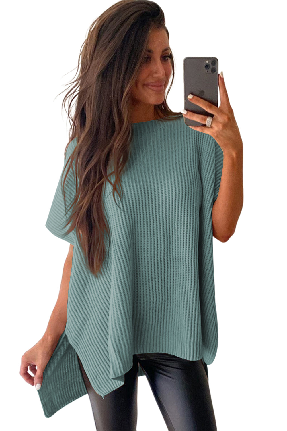 Top de punto de gran tamaño con mangas cortas estilo dolman y abertura lateral en color gris | S - XL | 3 COLORES