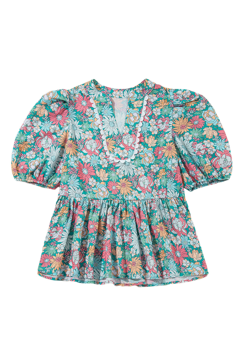 Multicolour Floral Print Short Puff Sleeve V Neck Boho Peplum Blouse