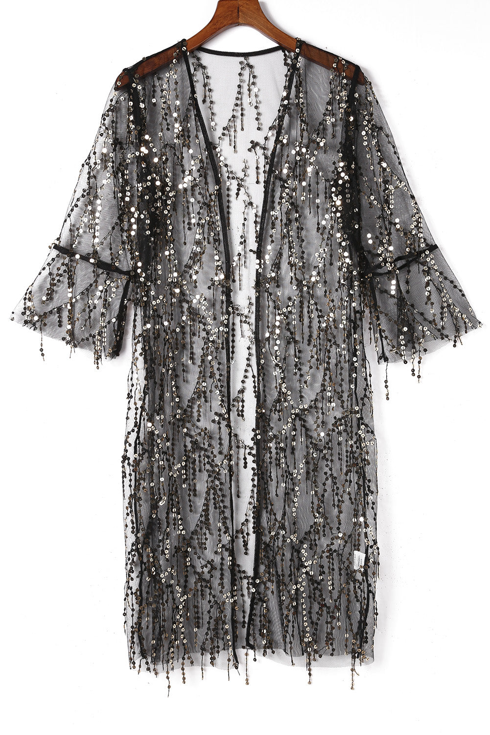 Black Sequin Sheer Casual Open Front Kimono