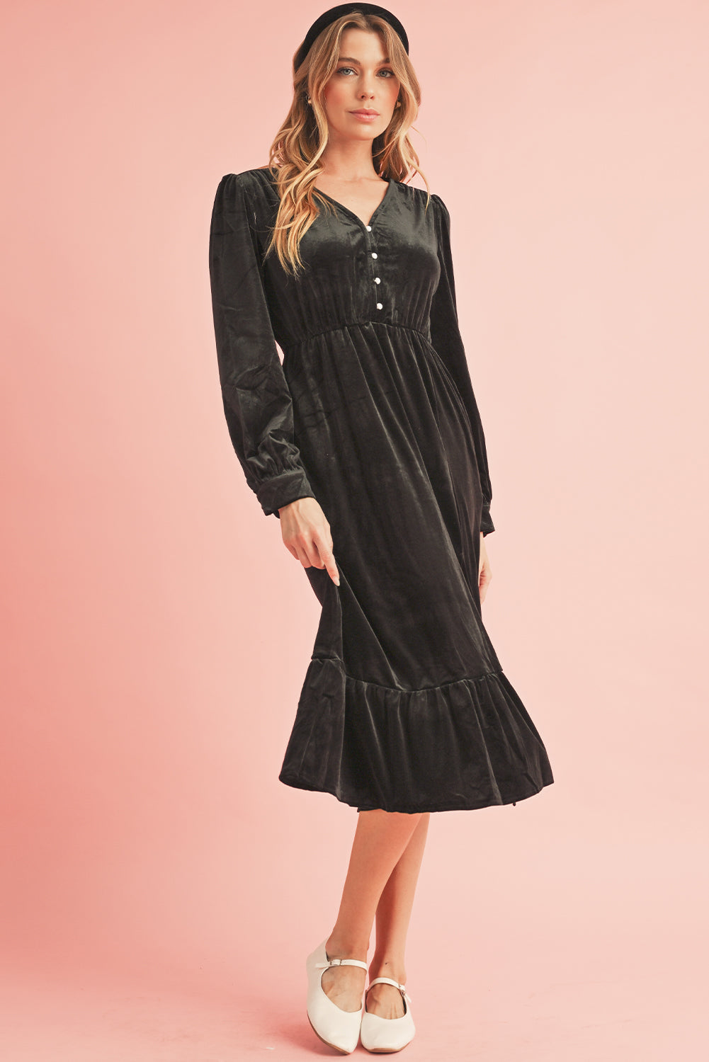 Black Velvet Buttoned Puff Sleeve V Neck Split Midi Dress