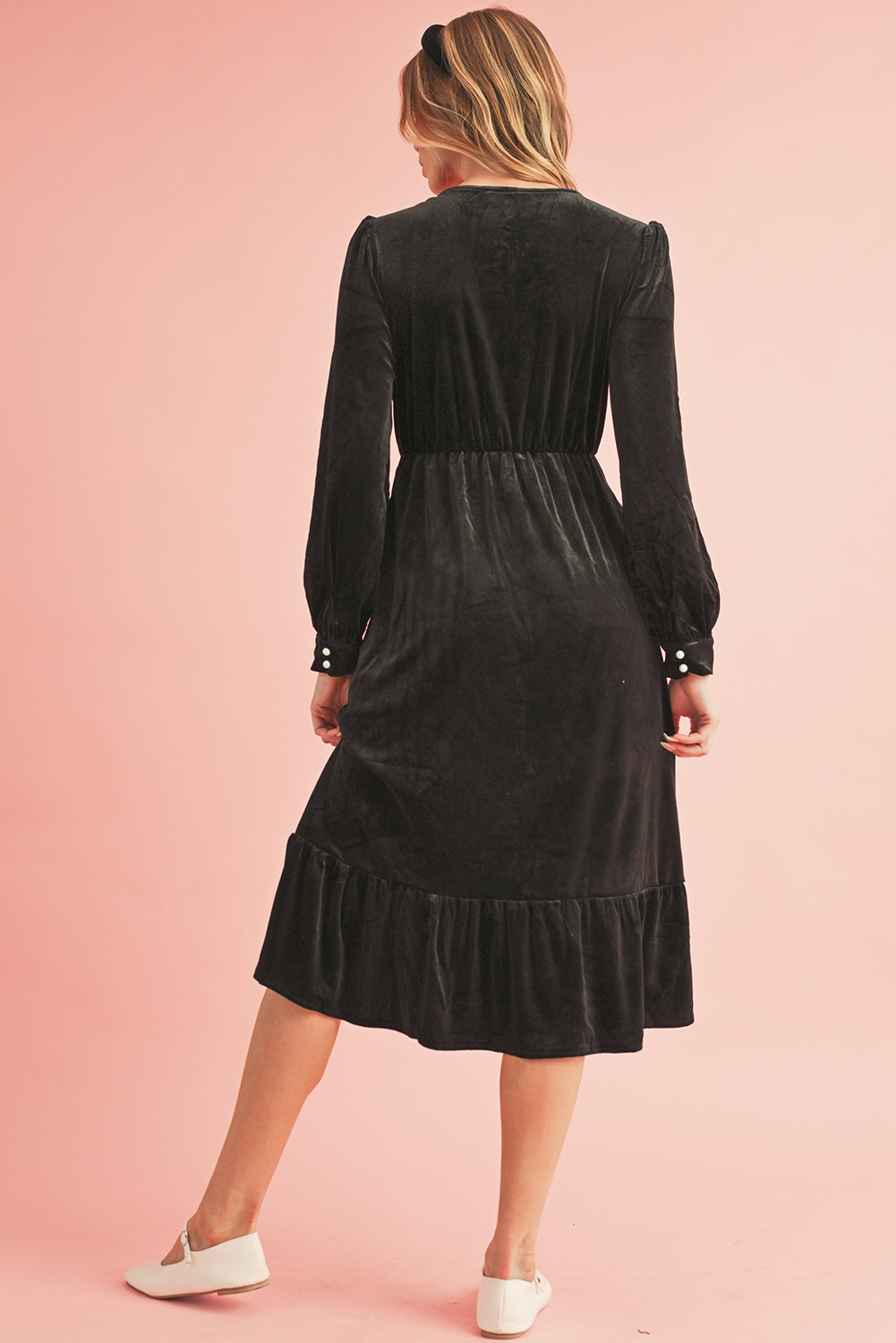 Black Velvet Buttoned Puff Sleeve V Neck Split Midi Dress