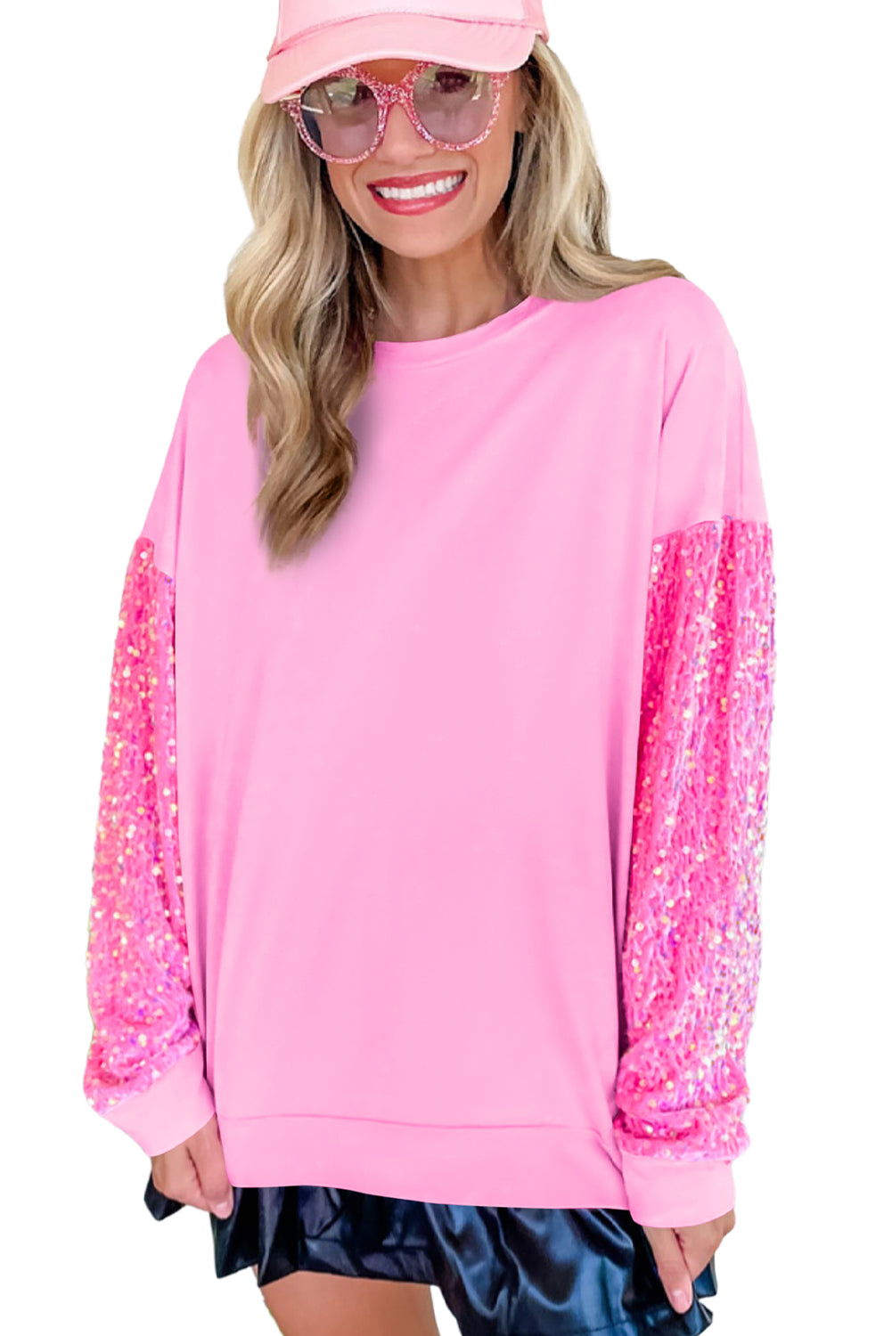 Orchid Petal Sequin Patchwork Long Sleeve Pullover Top