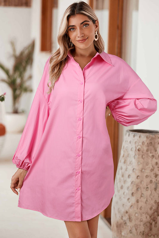 Bright Pink Plain Bishop Sleeve Button Up Shirt Dress