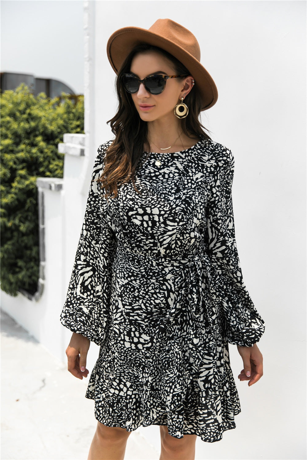 Animal Print Round Neck Balloon Sleeve Mini Dress | S - XL | 2 COLORS