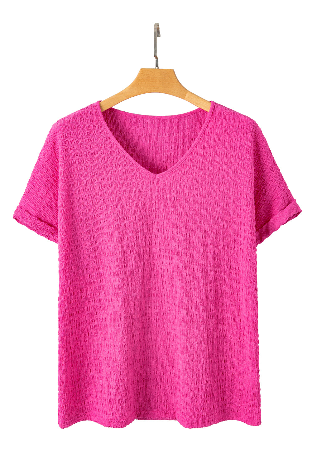 Blusa de talla grande con escote en V y mangas murciélago con textura en color rosa brillante