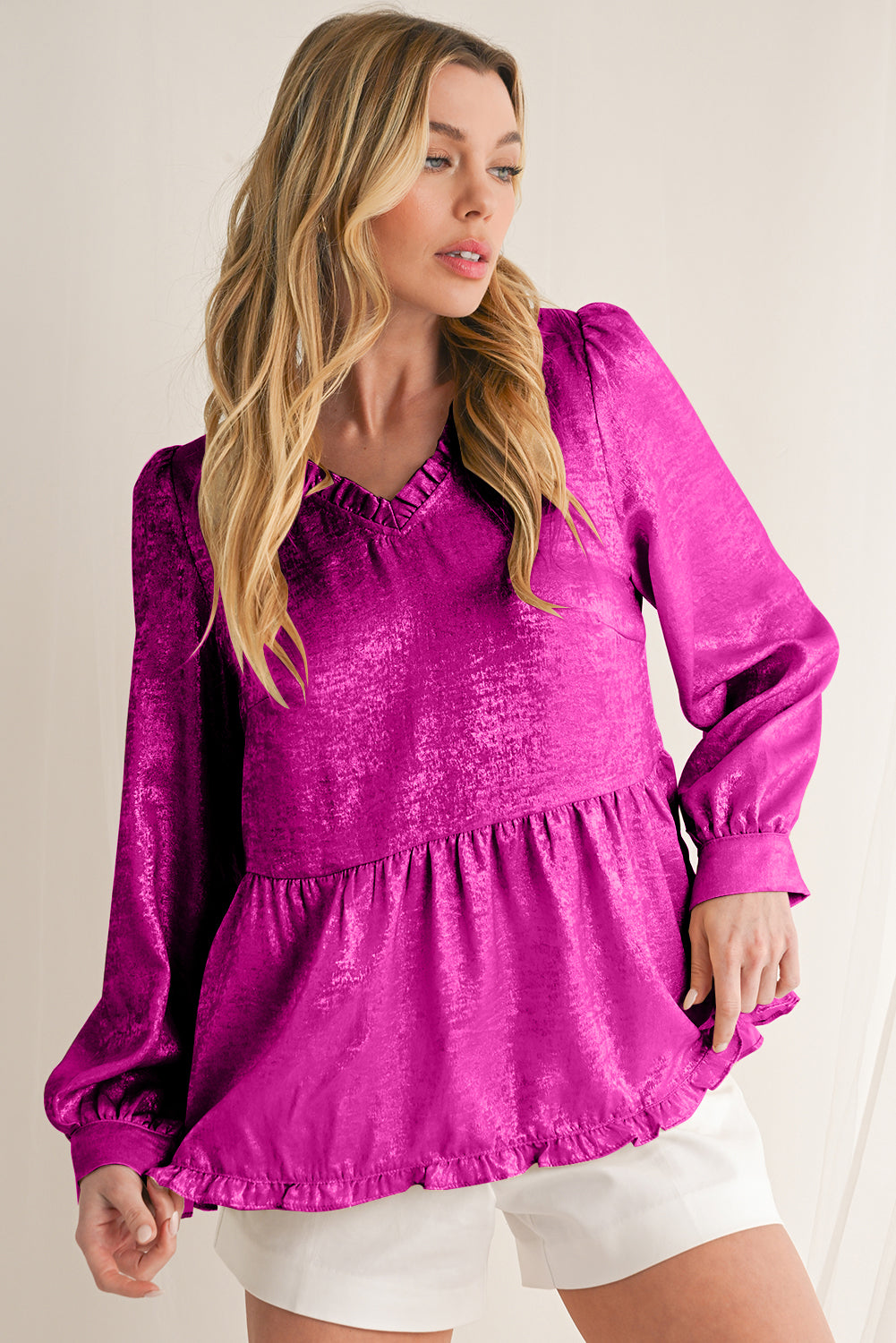 Gold Metallic Frill V Neck Puff Sleeve Babydoll Blouse