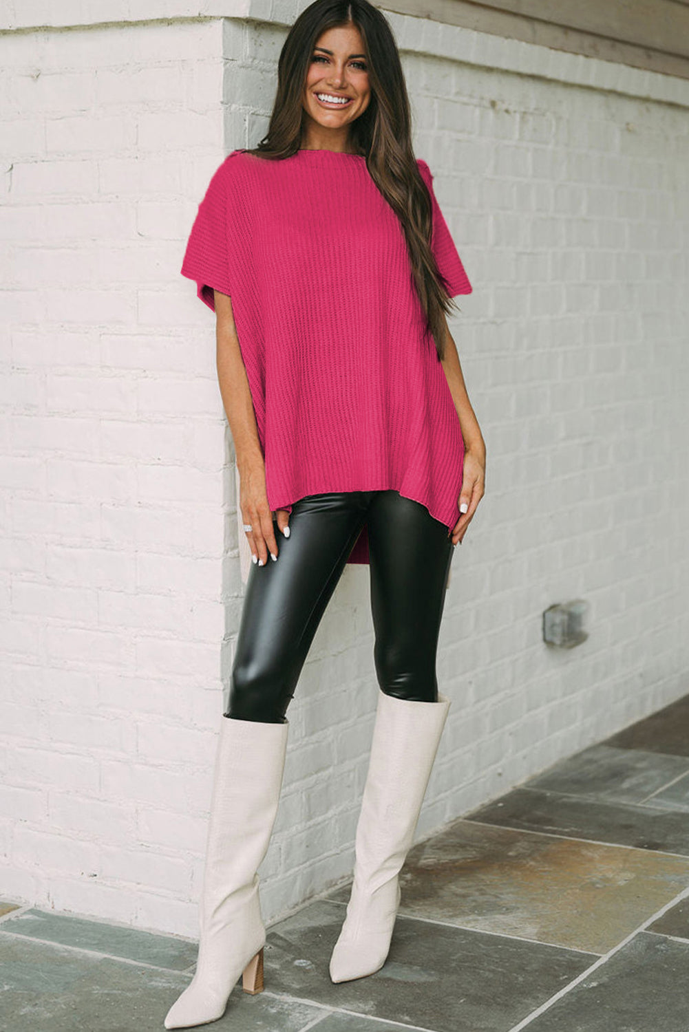Top de punto de gran tamaño con mangas cortas estilo dolman y abertura lateral en color gris | S - XL | 3 COLORES