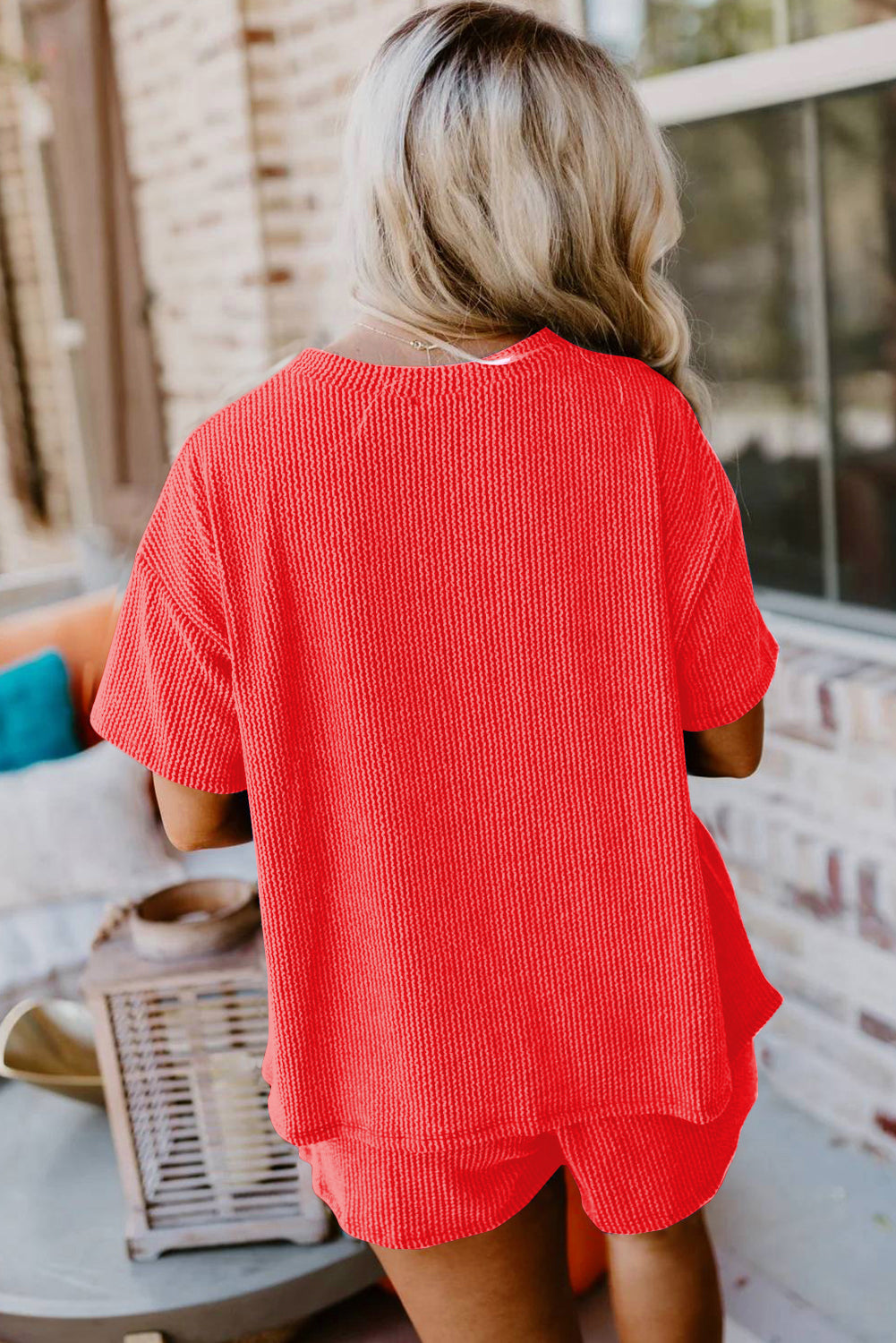 Conjunto de camiseta y pantalones cortos holgados de punto texturizado acanalado
