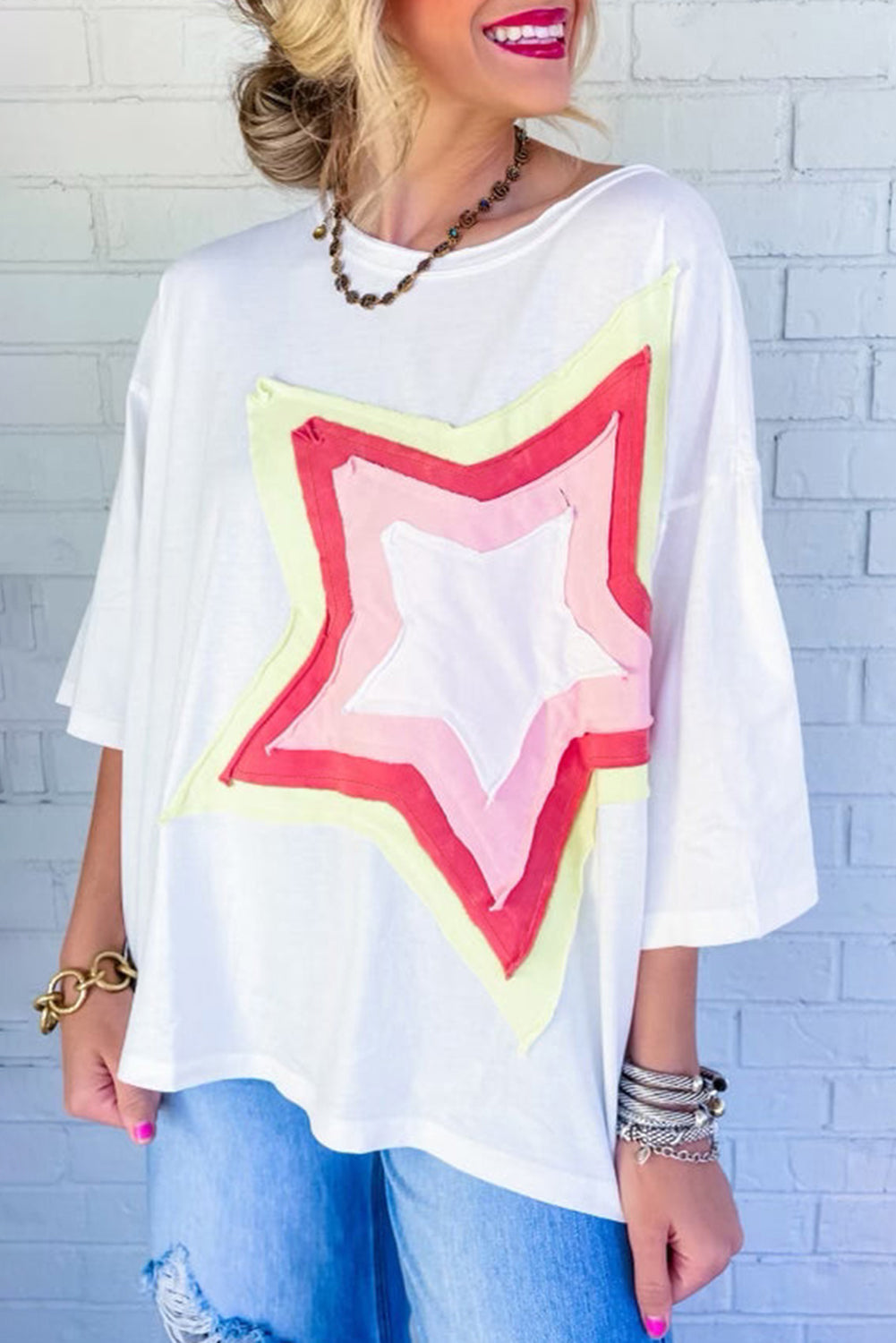 Camiseta extragrande de manga corta con parches de estrellas y bloques de color Bonbon