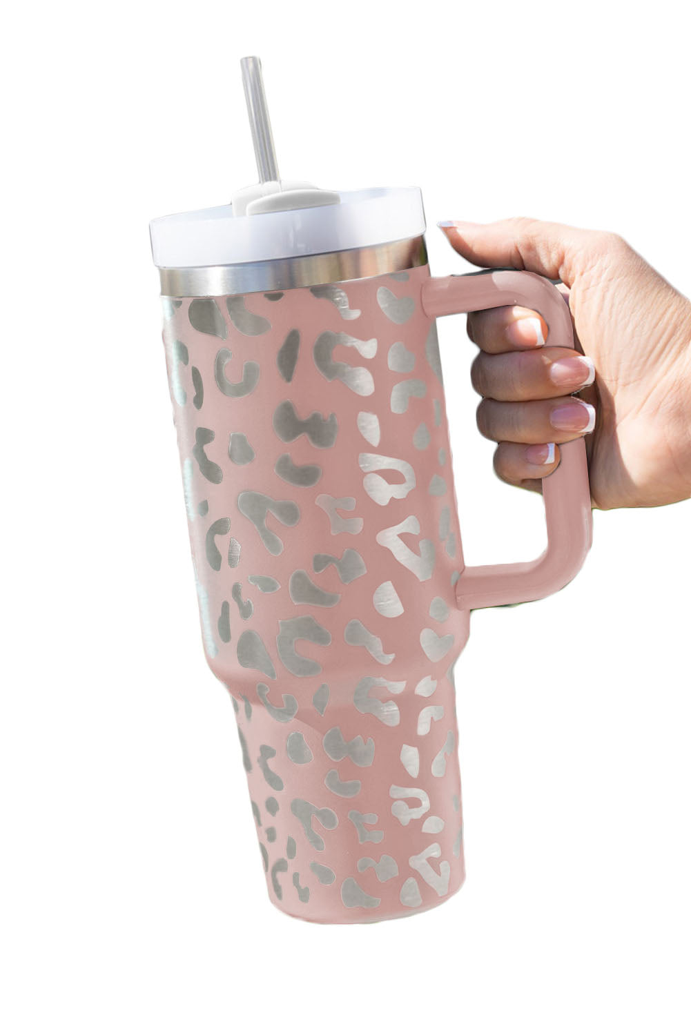 Vaso portátil de acero inoxidable con forma de leopardo, color negro, de 40 oz, con asa