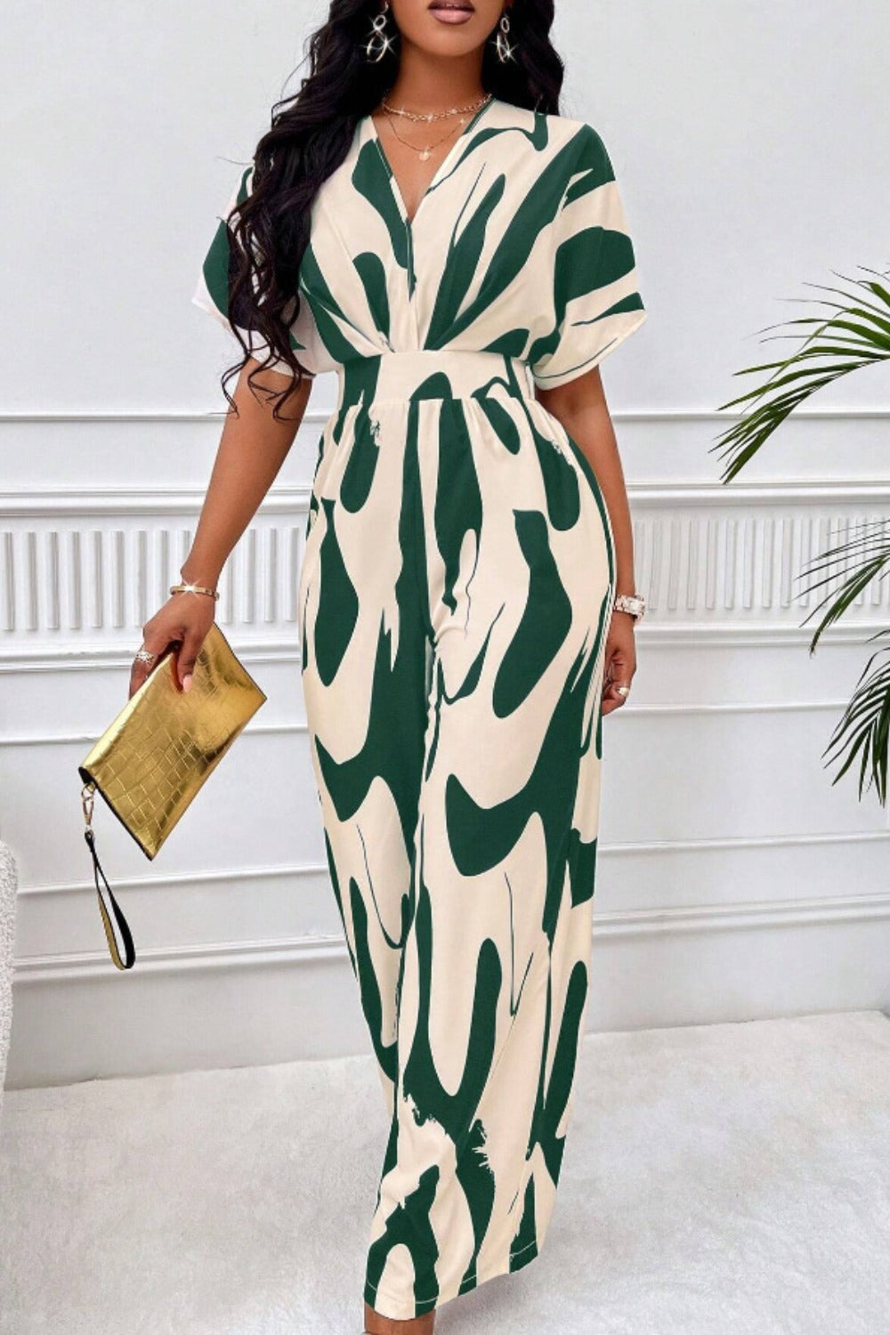 Printed V-Neck Short Sleeve Wide Leg Jumpsuit | S - 2XL | 4 COLORS