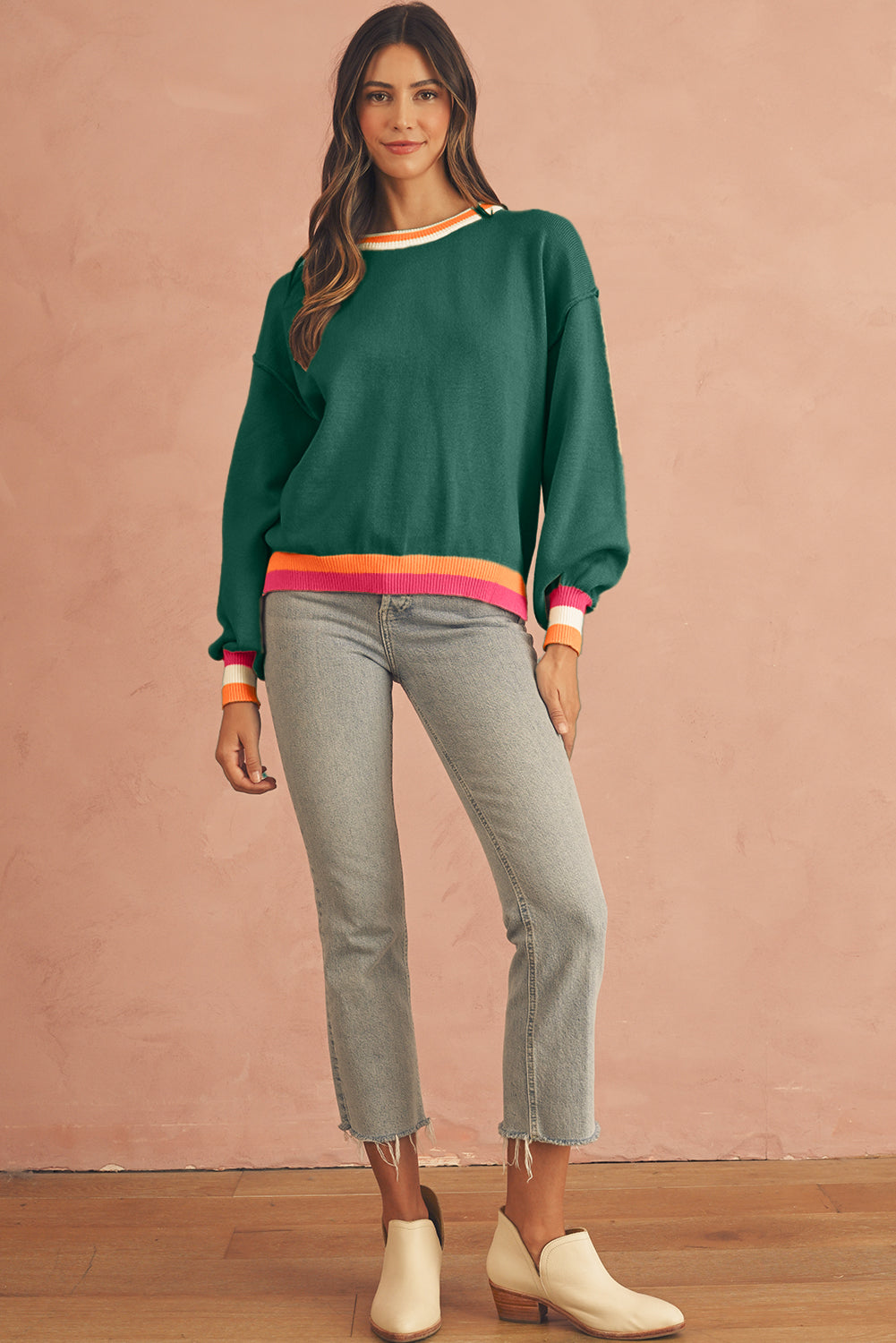 Parchment Striped Trim Drop Shoulder Sweater