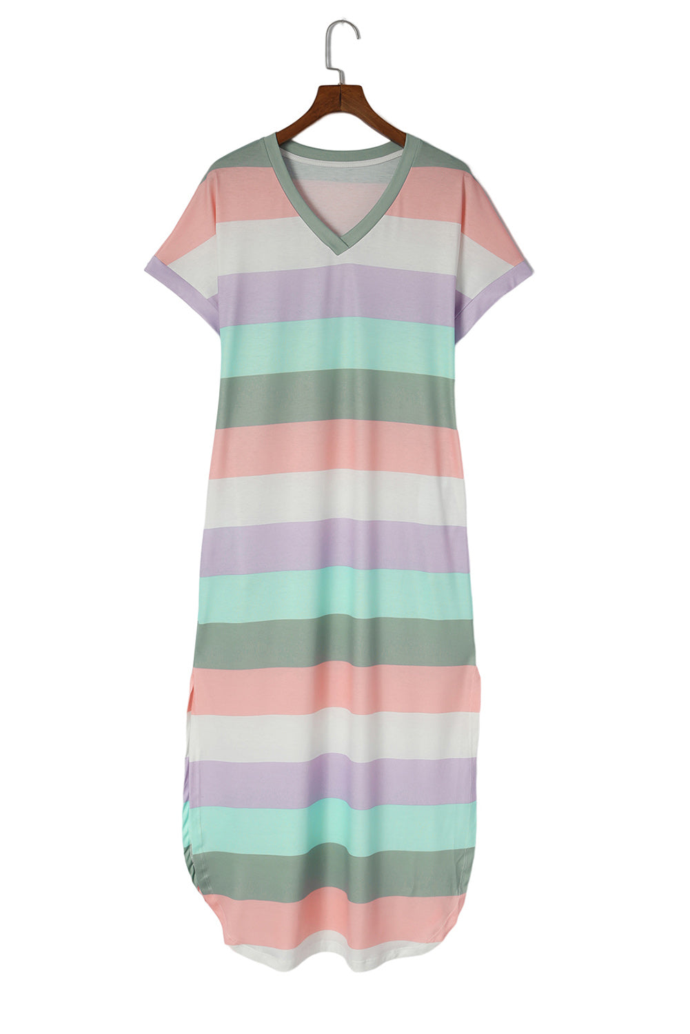 Vestido estilo camiseta con aberturas laterales, escote en V y bolsillos a rayas multicolor