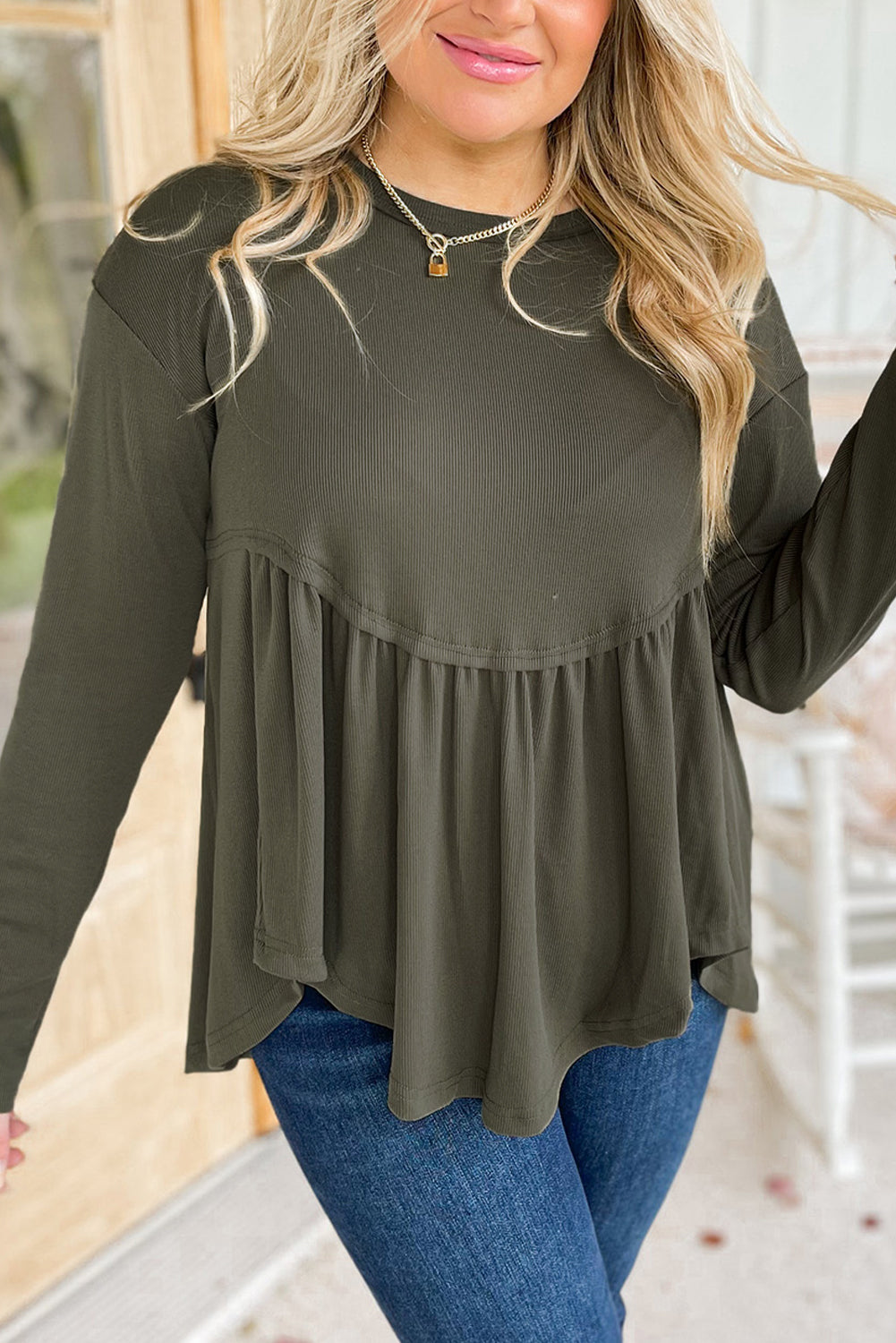 Mist Green Plus Size Thermal Knitted Babydoll Flare Top