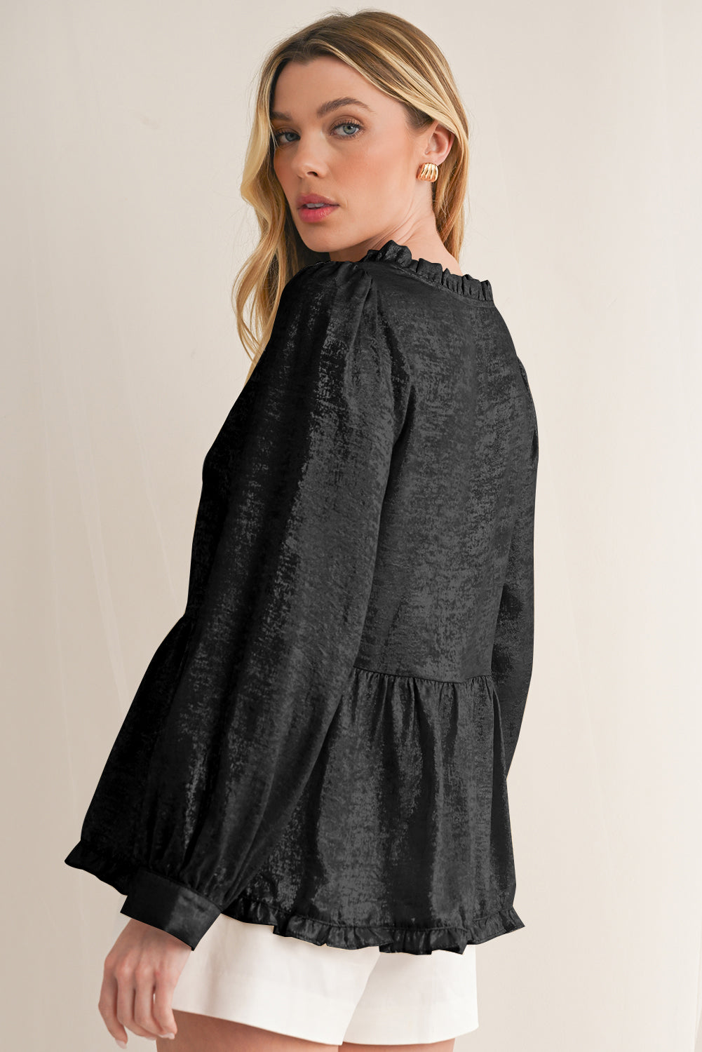 Gold Metallic Frill V Neck Puff Sleeve Babydoll Blouse