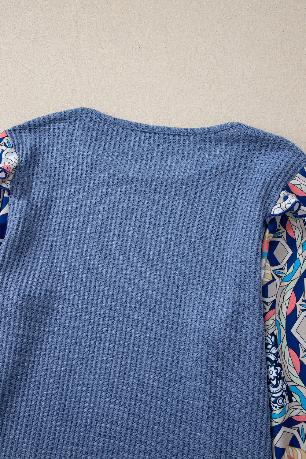 Ashleigh Blue Ruffle Floral Sleeve Patchwork Waffle Top