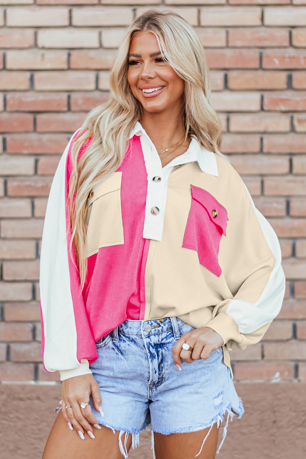Gray Colorblock Ribbed Collared Oversized Sweatshirt
