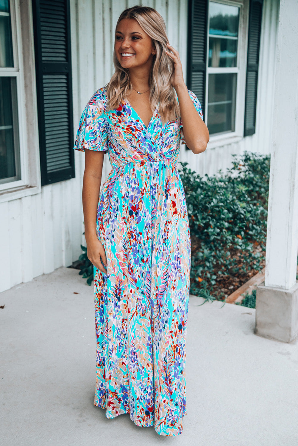 Abstract Botanic Print Wrap V Neck Short Sleeve Maxi Dress