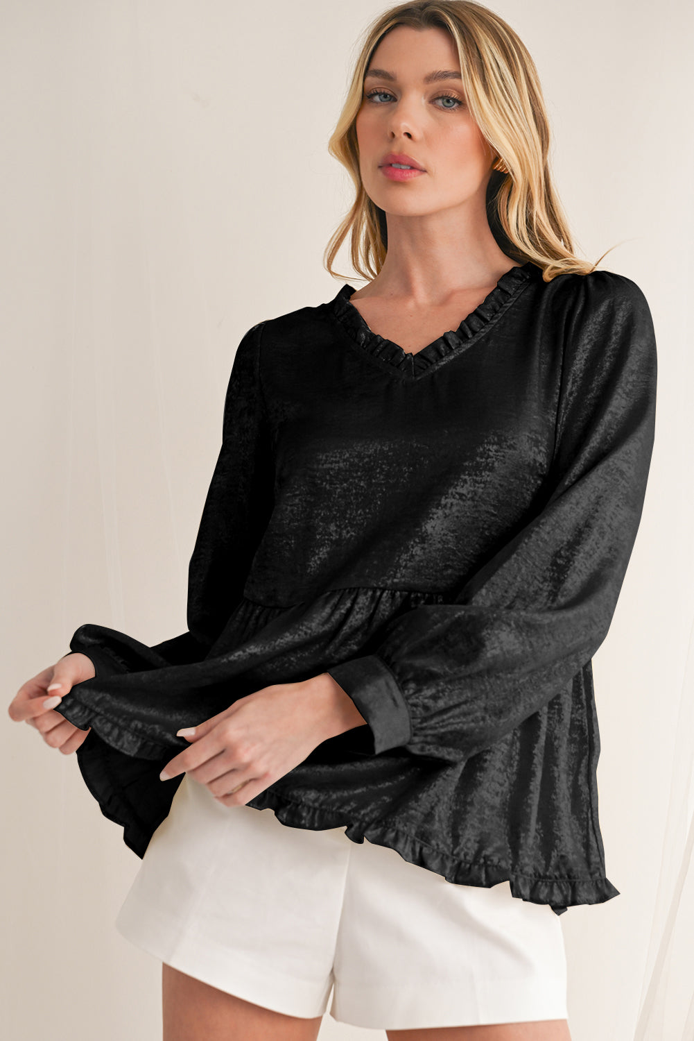 Gold Metallic Frill V Neck Puff Sleeve Babydoll Blouse