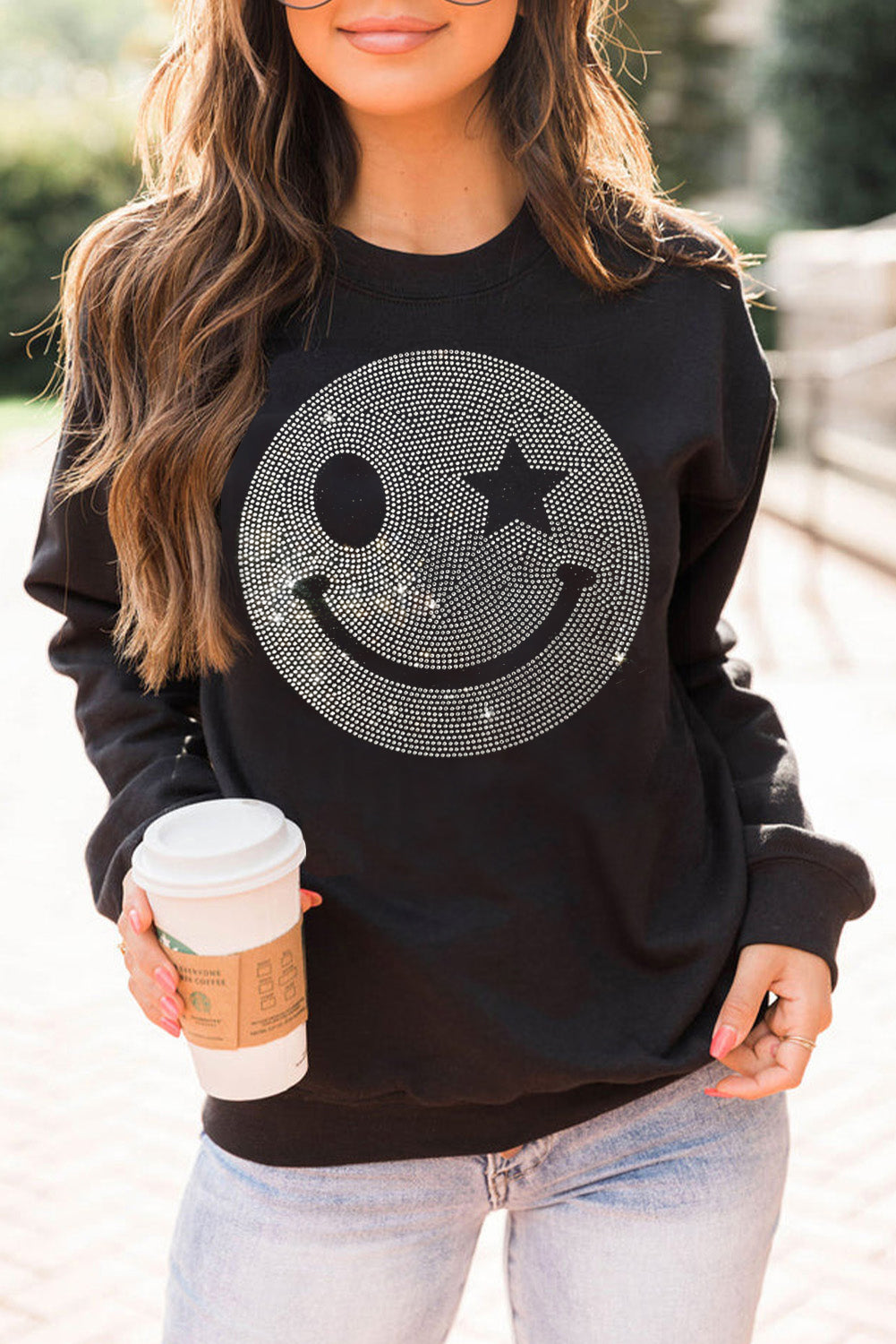 Valerian Rhinestoned Smile Graphic Crew Neck Sweatshirt