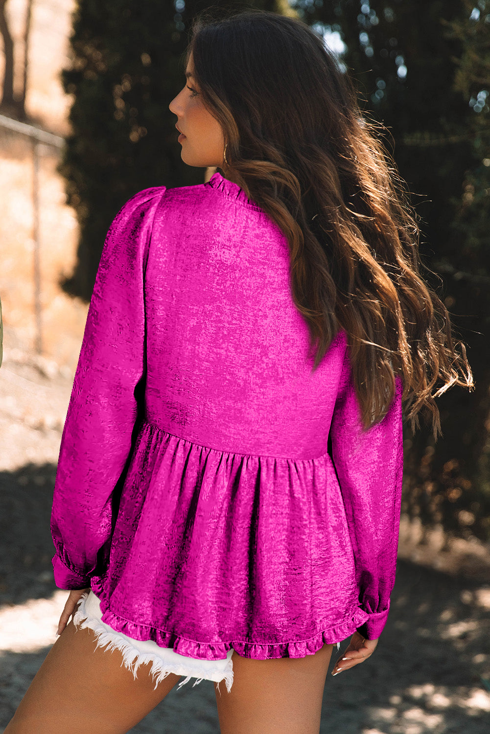 Black Metallic Frilled V Neck Puff Sleeve Babydoll Blouse