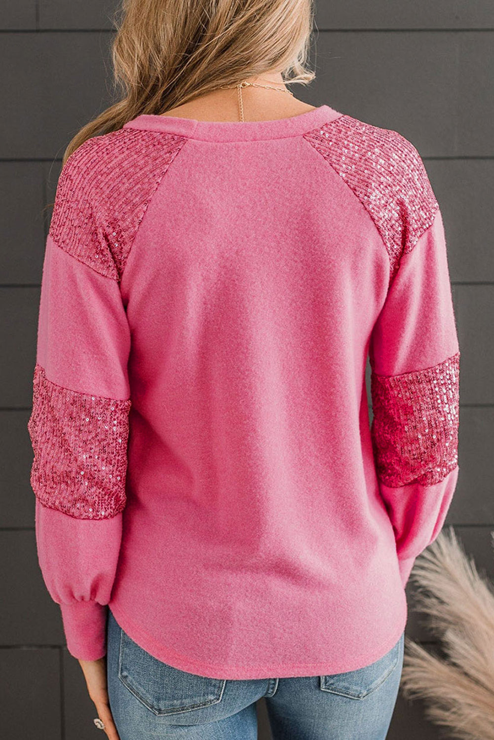 Pink Chenille Game Day Sequin Patchwork Sleeve Plus Top