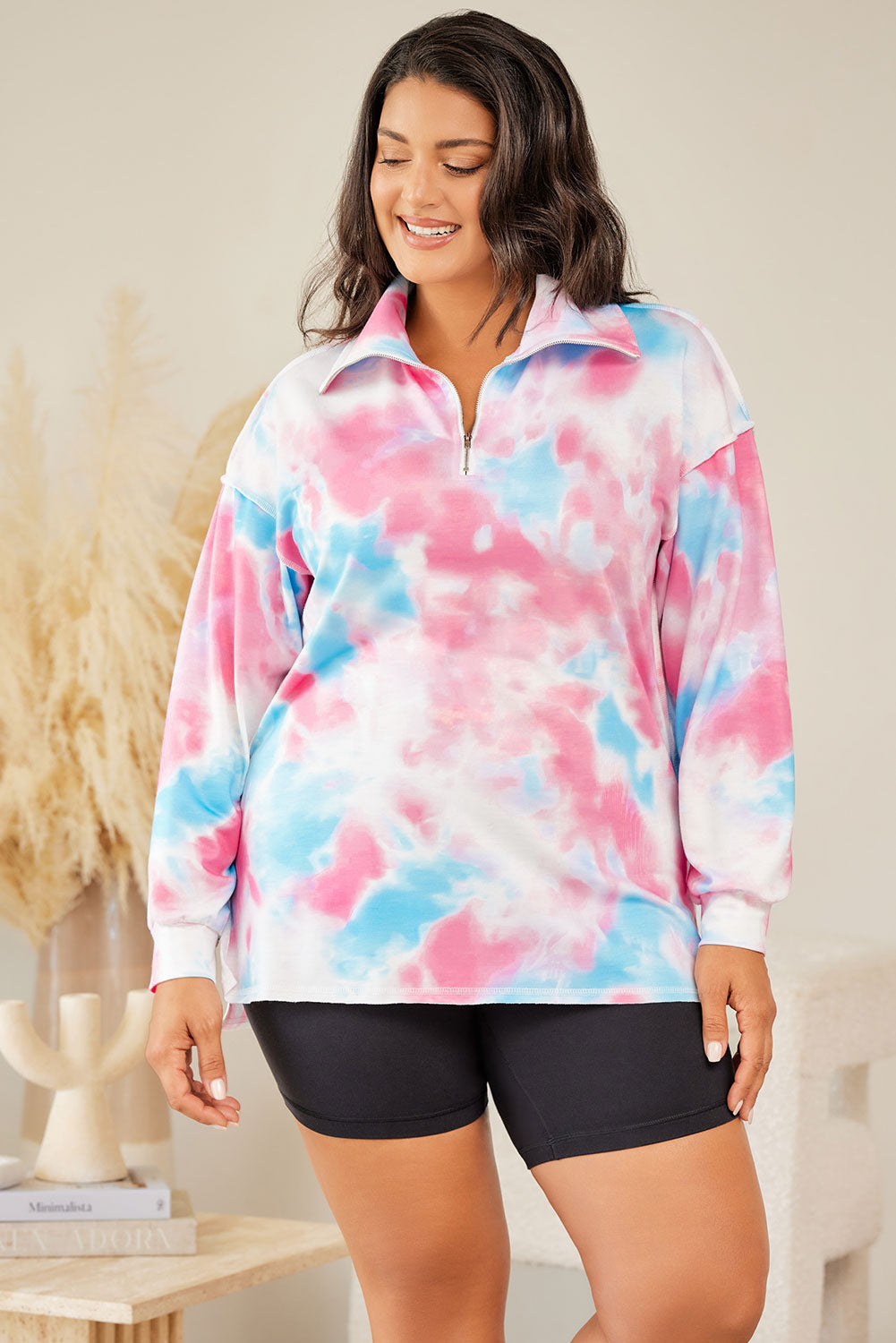 Sudadera con cuello y cremallera en color multicolor y efecto tie-dye en talla grande 