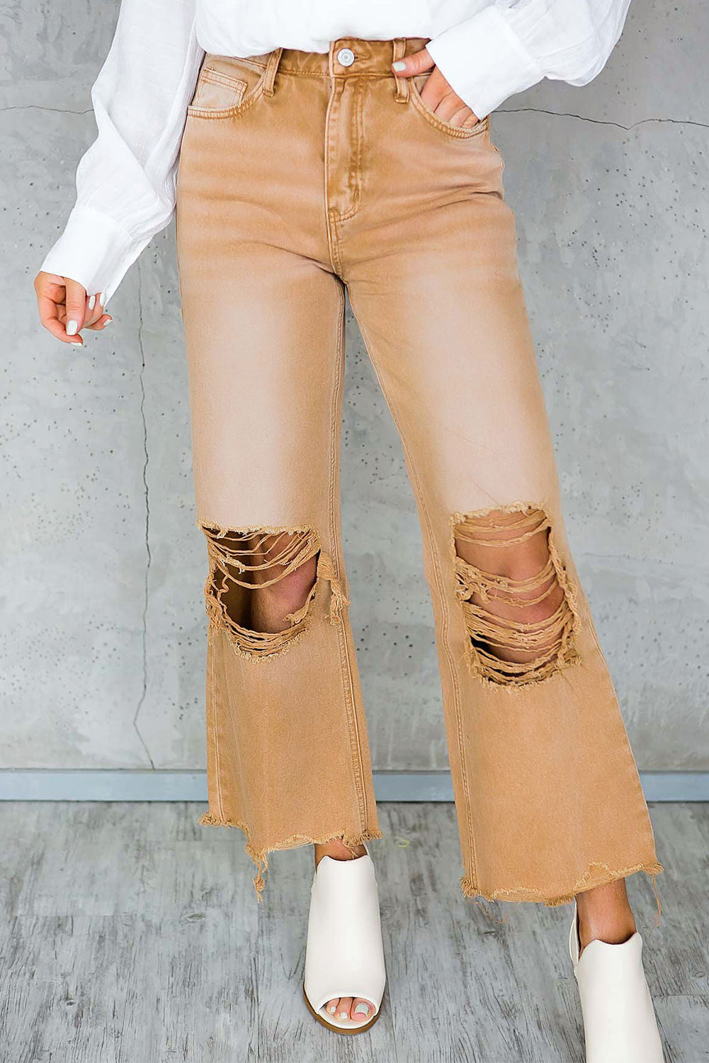 Brown Distressed Hollow-out High Waist Flare Jeans
