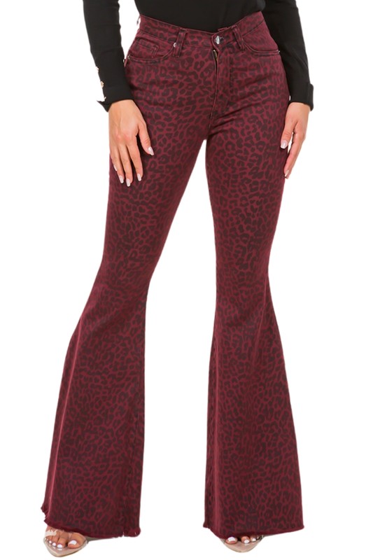 Leopard Bell Bottom Jean in Burgundy - 33.5 Inseam