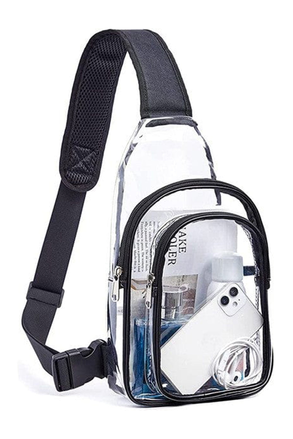 Bolso bandolera transparente con cremallera de piel sintética negra