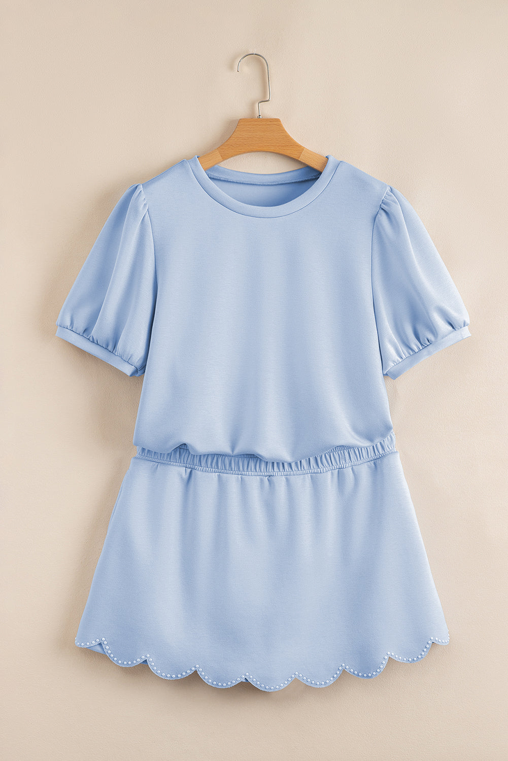 Light Pink Puff Sleeve Pearl Embellished Scallop Hem 2-Piece Shorts Set