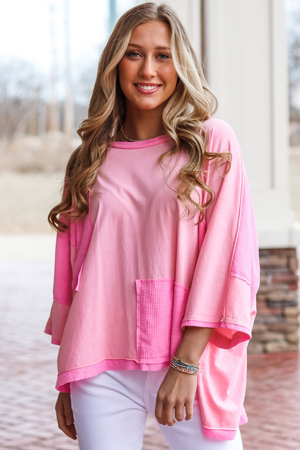 Bonbon Patchwork Quarter Sleeve High Low Plus Size T Shirt
