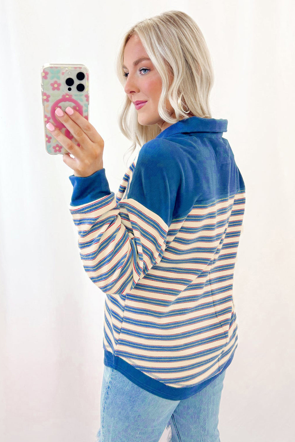 Pink Stripe Buttoned V Neck Collared Drop Shoulder Top