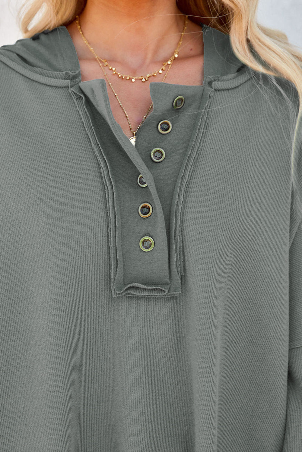 Black Solid Color Button Front Basic Pullover Hoodie
