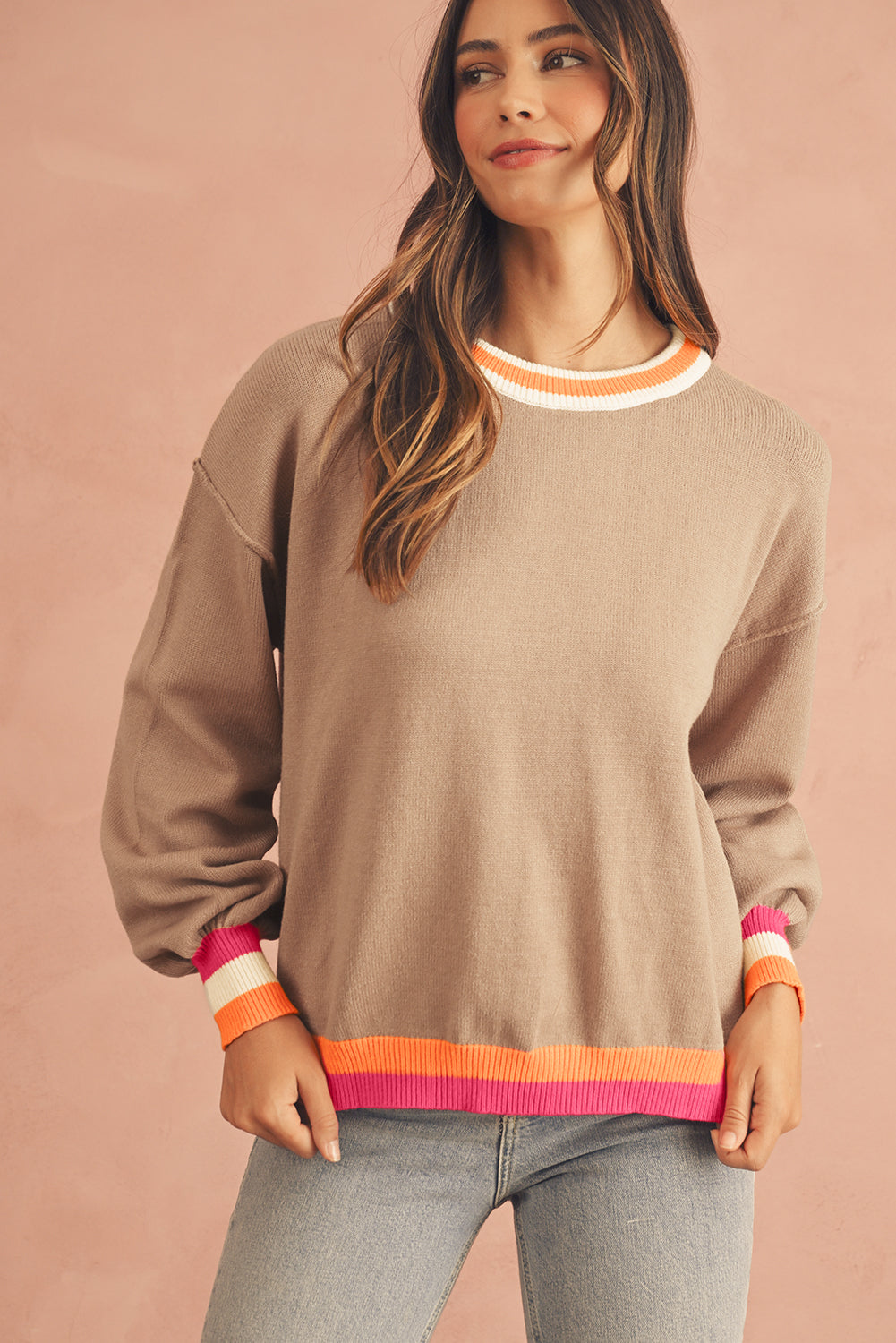 Parchment Striped Trim Drop Shoulder Sweater