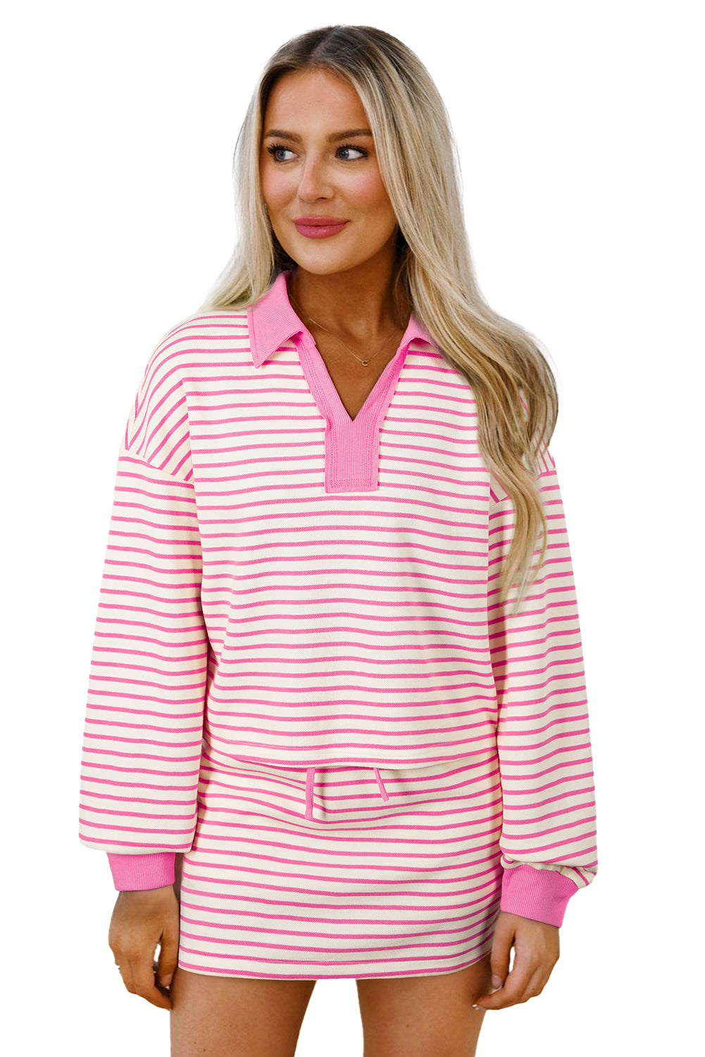 Pink Stripe Collared V Neck Drop Shoulder Pullover and Skirt Set
