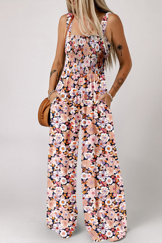 Blue Floral Square Neckline Stretch High Waist Jumpsuit