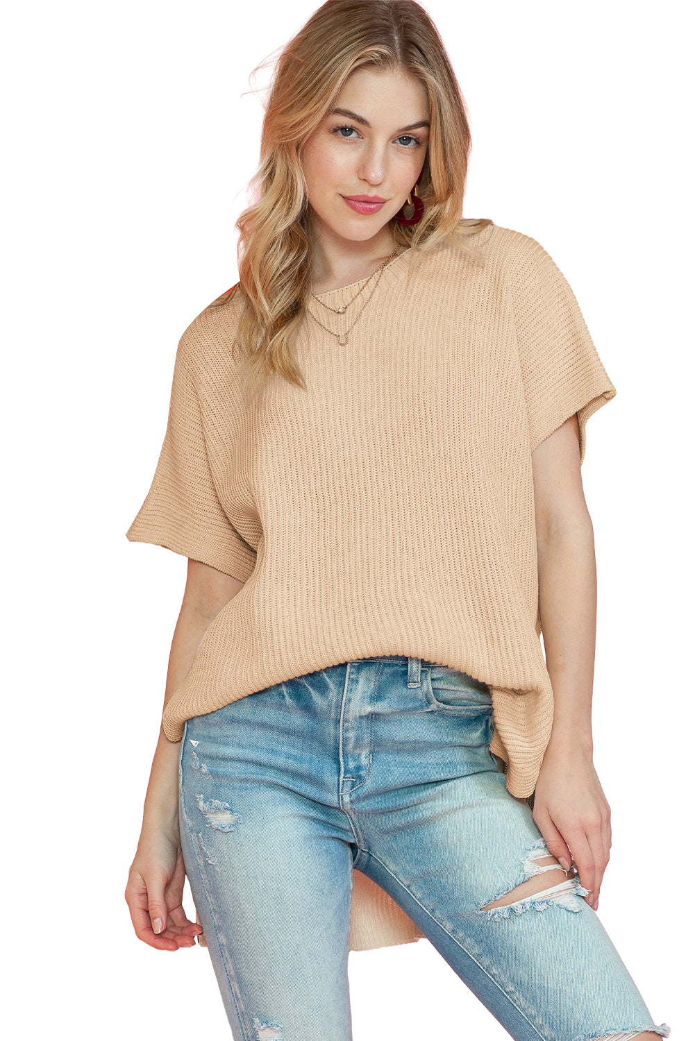 Top de punto de gran tamaño con mangas cortas estilo dolman y abertura lateral en color gris | S - XL | 3 COLORES