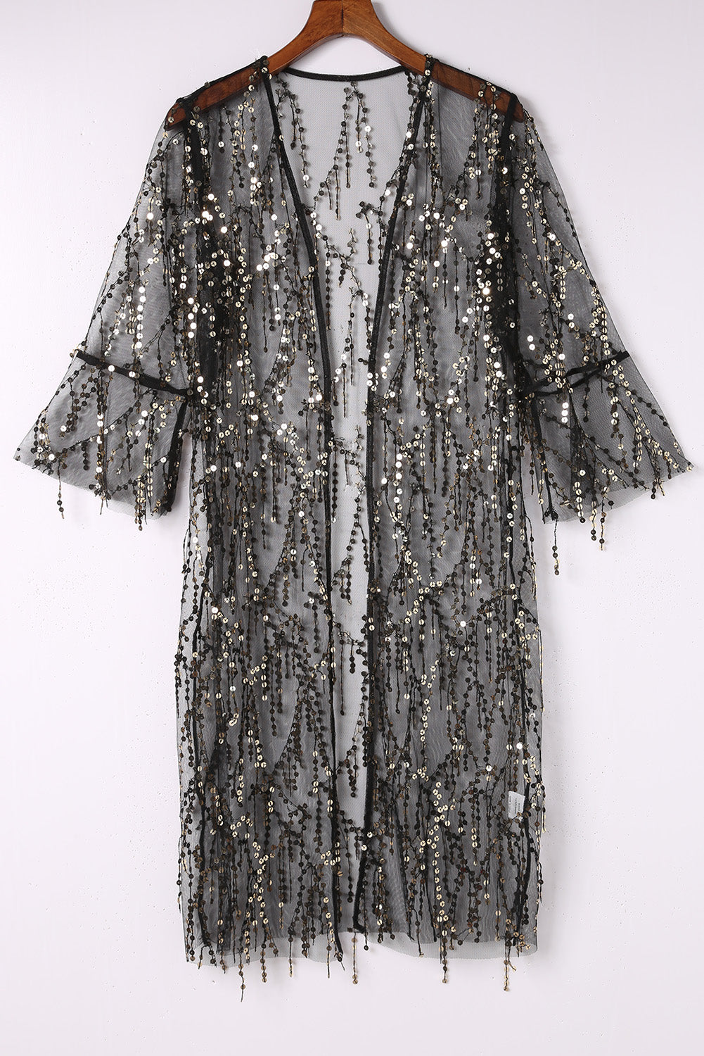 Black Sequin Sheer Casual Open Front Kimono