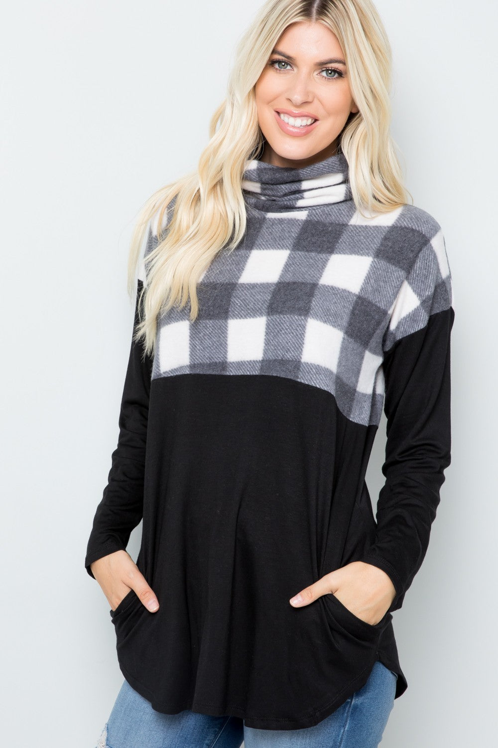 Celeste Full Size Pocketed Plaid Turtleneck Long Sleeve Blouse