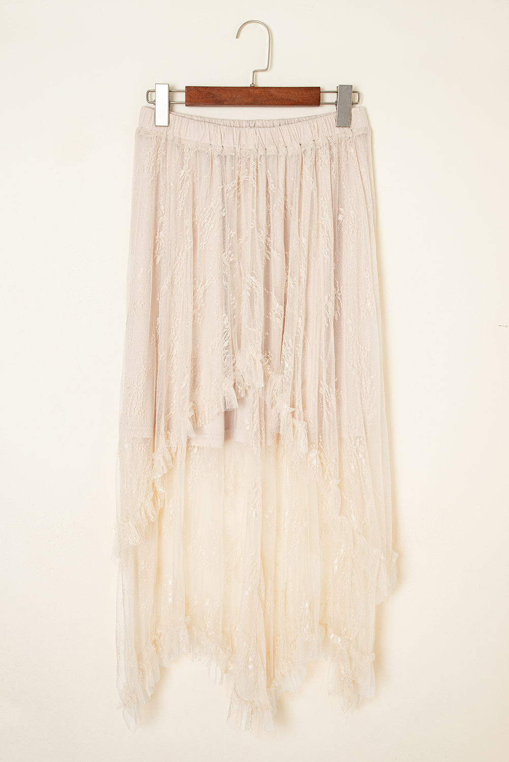 Beige Lace Cascading Tiered High Waist Maxi Skirt