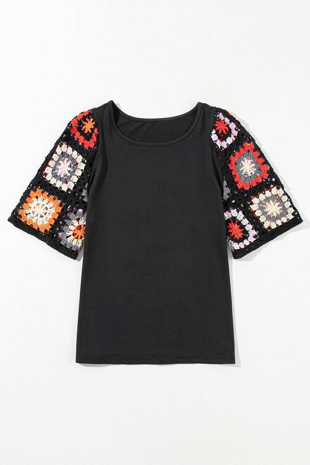 Camiseta con mangas de crochet y estampado floral ahuecado estilo boho turquesa