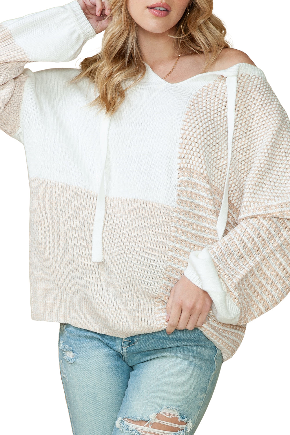 Oatmeal Mixed Pattern Knit Drop Shoulder Reversible Sweater